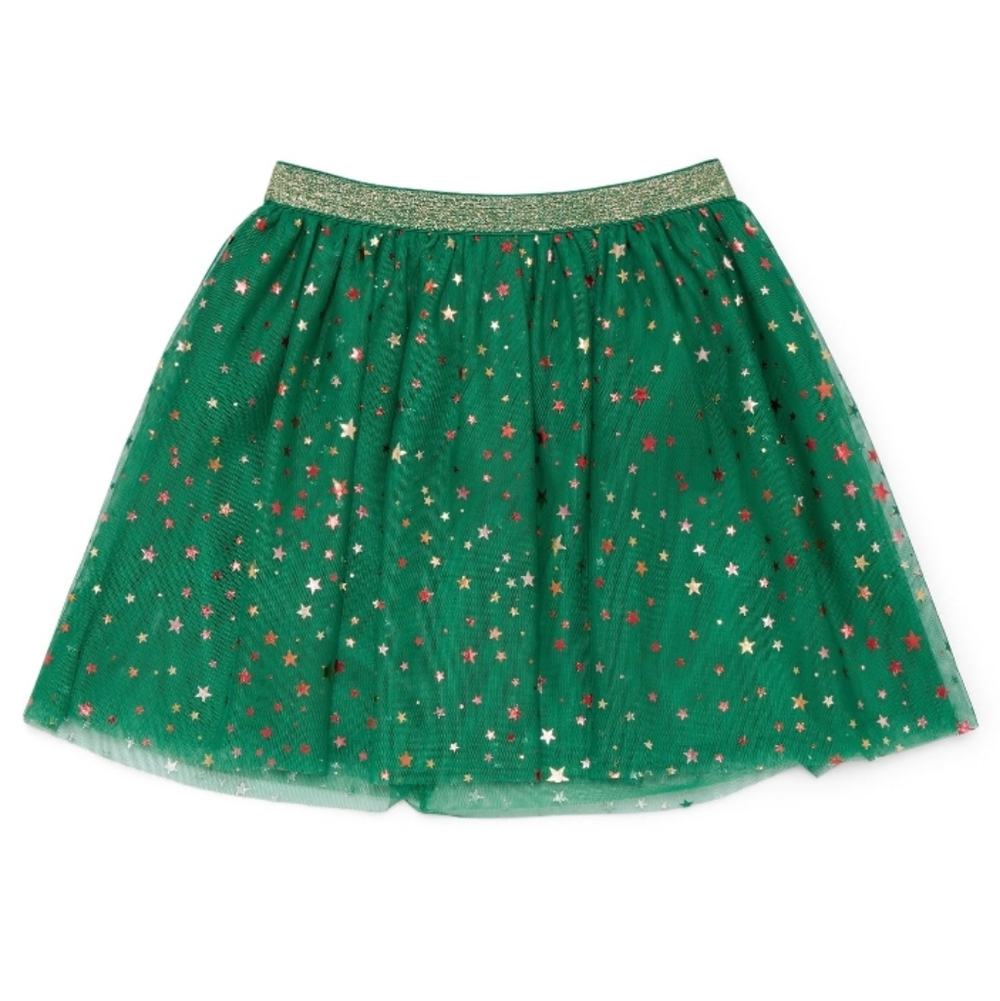 Holiday Time Girls Christmas Crisp Clover Green and Star Mesh Tutu Skirt